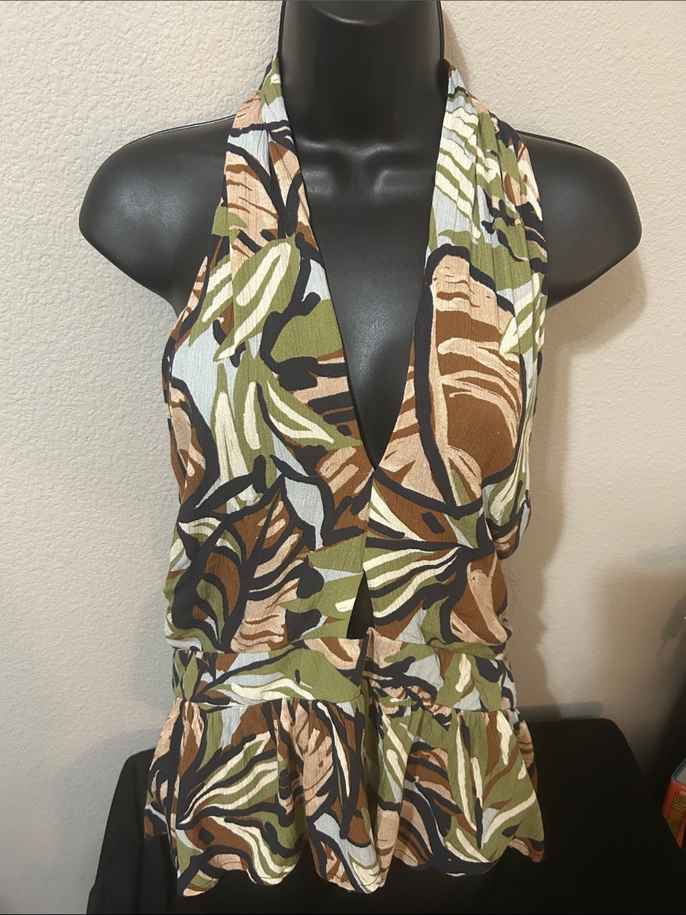 Stylish Halter Peplum Blouse with triangle peekaboo  in Olive & Brown Leaf Print